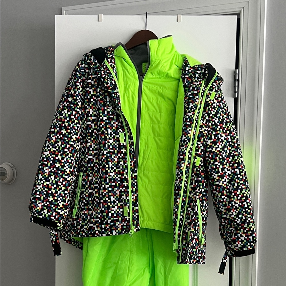 Neon Green and Multicolor snowsuit XL pants Large jacket